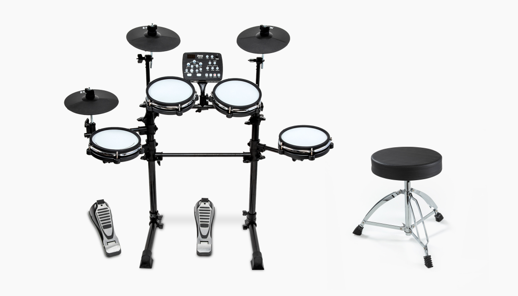 LyxJam 7-Piece Electronic Drum Set, Black Drum Kit with Throne Stool
